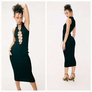 With Jean Amethyst Black Ribbed Laced Midi Dress